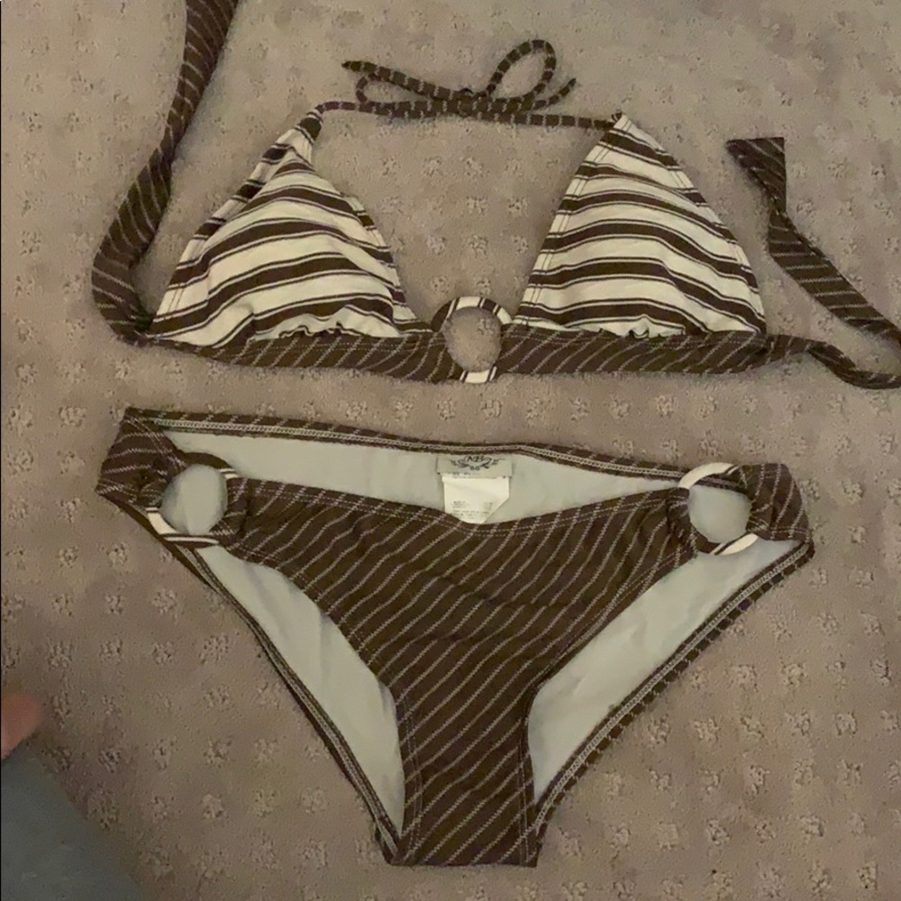 Brown and cream colored striped bikini